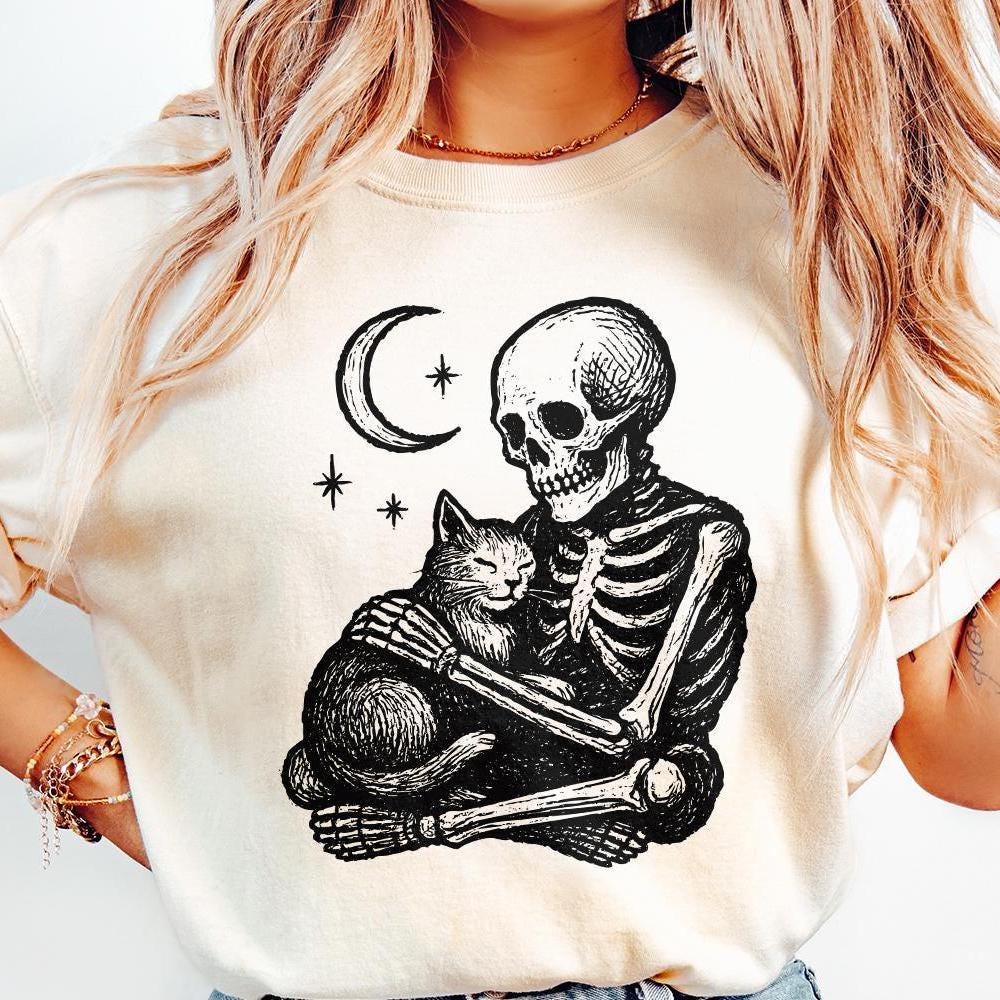Gothic Skeleton Hugging Cat PNG, Celestial Night Pet Art - 300 DPI Design