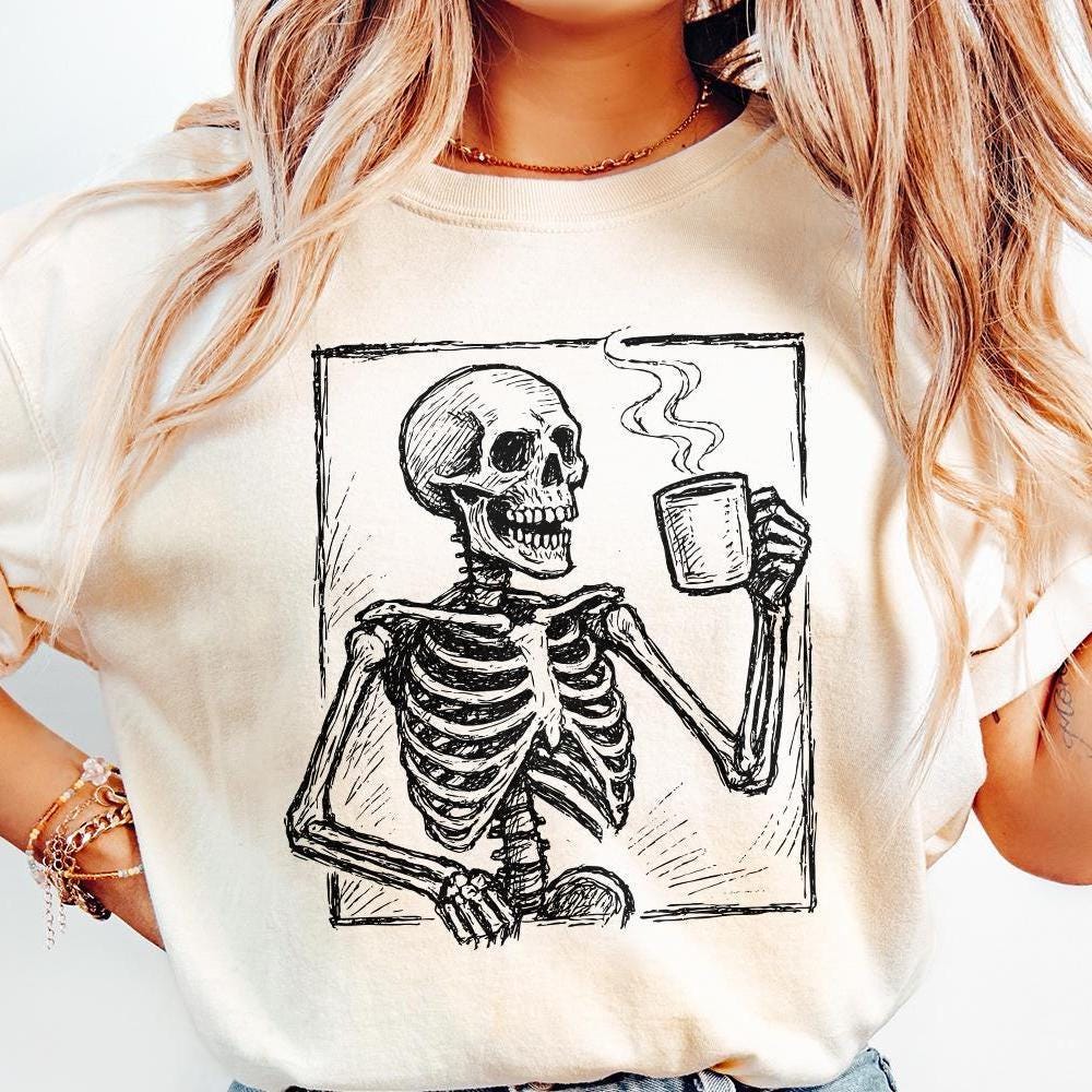 Coffee Skeleton PNG, Skull Drinking Coffee Clipart - 300 DPI Design for