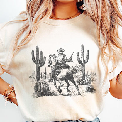 Wild West Cowboy PNG, Retro Desert Horseback Riding - 300 DPI Design for