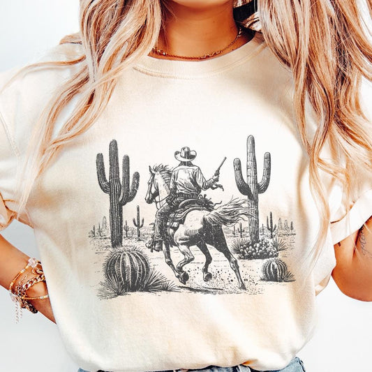 Wild West Cowboy PNG, Retro Desert Horseback Riding - 300 DPI Design for