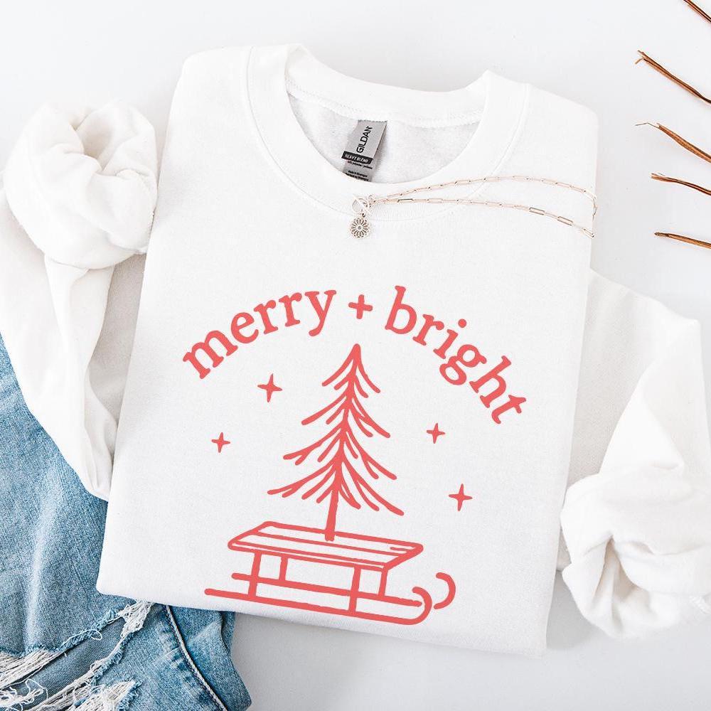 Merry + Bright PNG, Christmas Tree Sled PNG - 300 DPI Design for T-Shirt