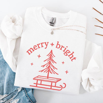 Merry + Bright PNG, Christmas Tree Sled PNG - 300 DPI Design for T-Shirt