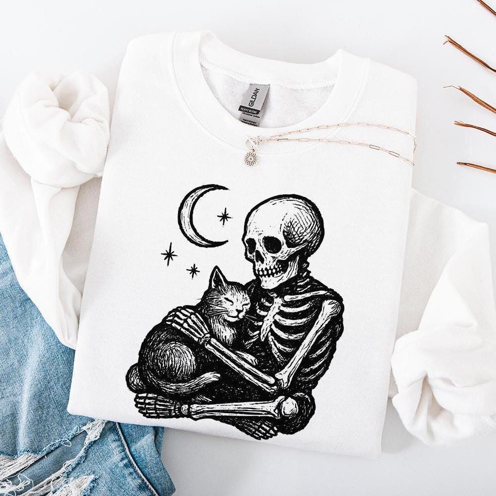 Gothic Skeleton Hugging Cat PNG, Celestial Night Pet Art - 300 DPI Design