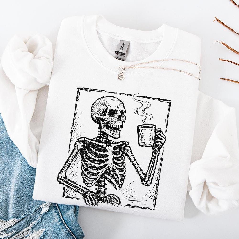 Coffee Skeleton PNG, Skull Drinking Coffee Clipart - 300 DPI Design for
