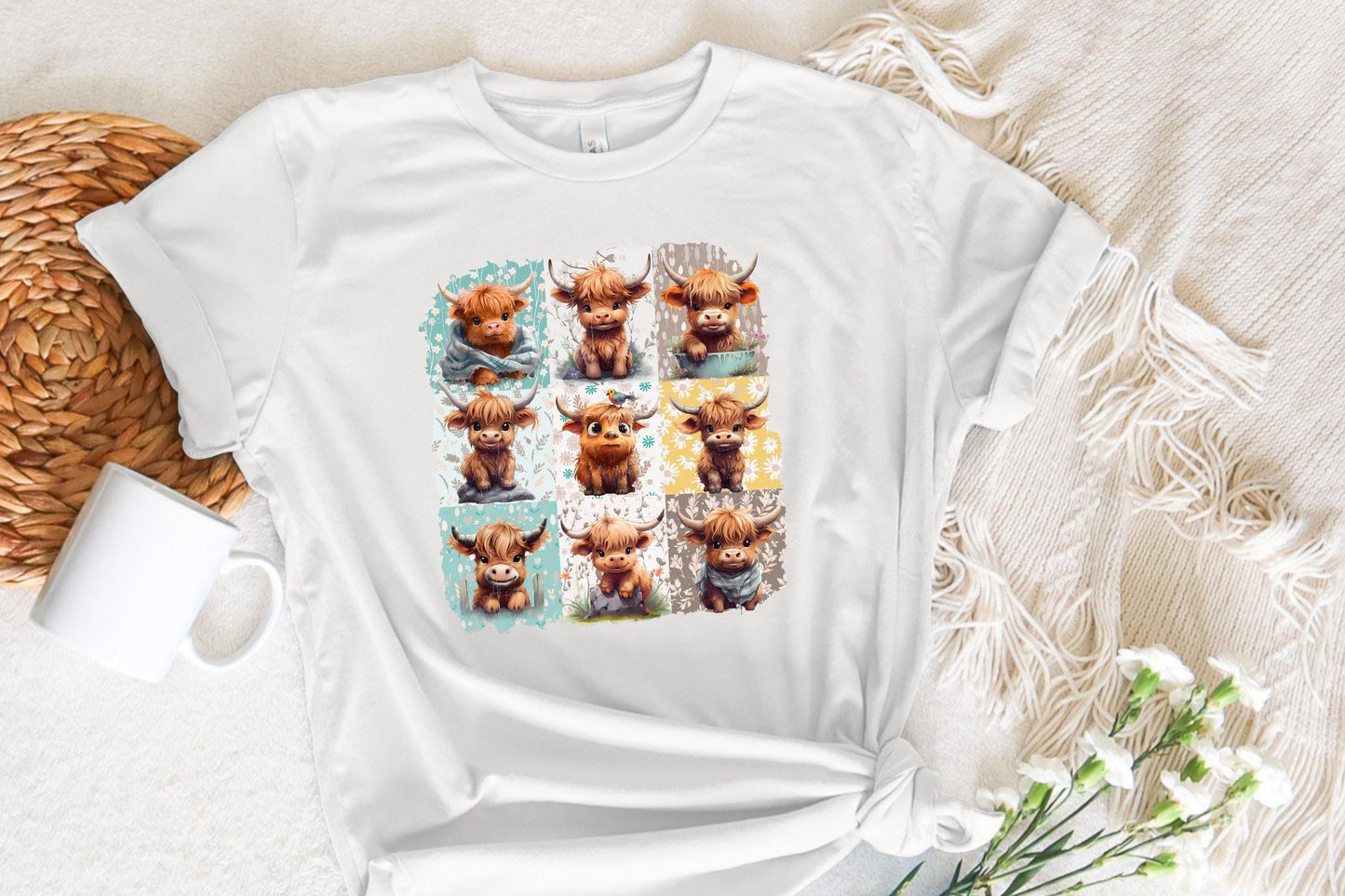 Retro Boho Highland Cow PNG, Floral Sublimation Design - 300 DPI Design