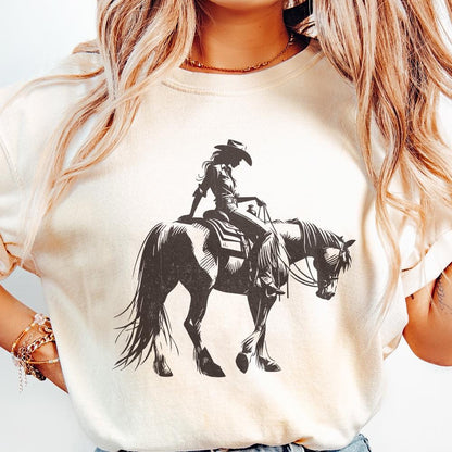 Cowgirl Sketch on Horseback PNG, Abstract Western Illustration - 300 DPI