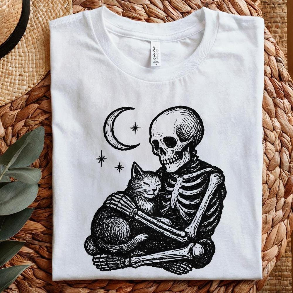 Gothic Skeleton Hugging Cat PNG, Celestial Night Pet Art - 300 DPI Design