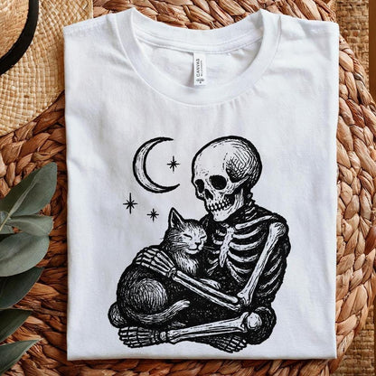 Gothic Skeleton Hugging Cat PNG, Celestial Night Pet Art - 300 DPI Design