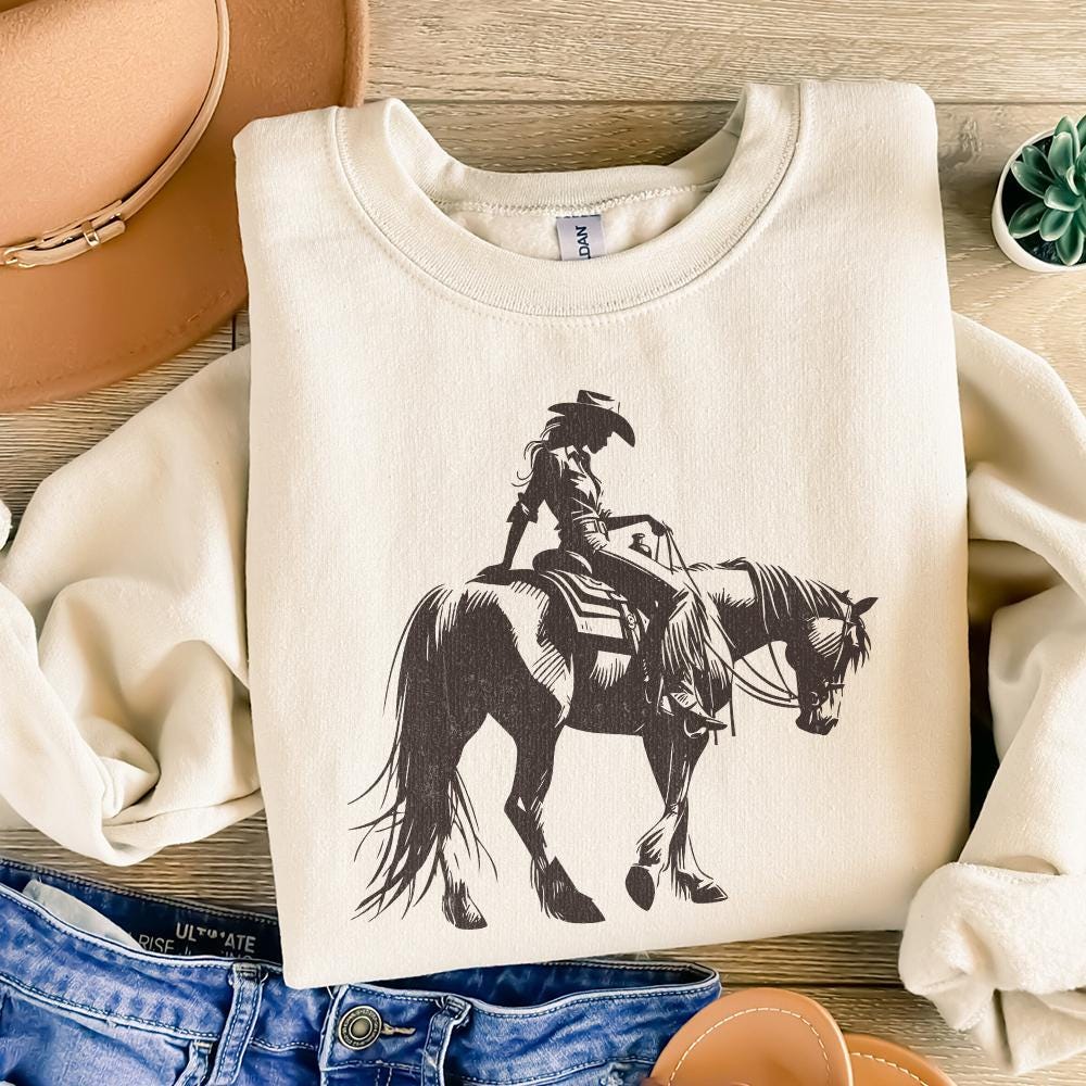 Cowgirl Sketch on Horseback PNG, Abstract Western Illustration - 300 DPI