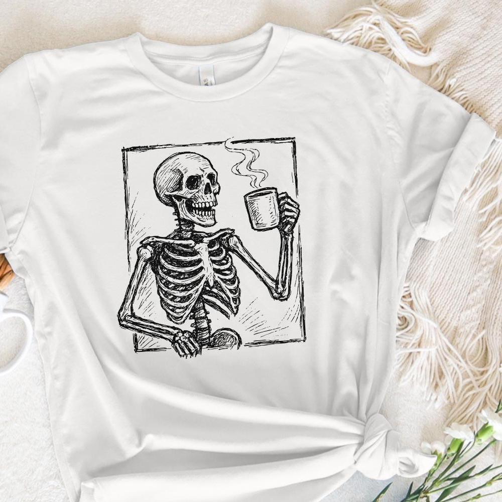 Coffee Skeleton PNG, Skull Drinking Coffee Clipart - 300 DPI Design for