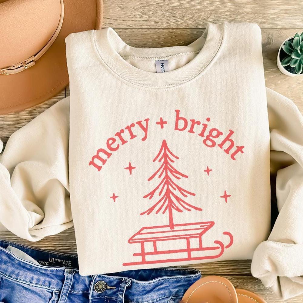 Merry + Bright PNG, Christmas Tree Sled PNG - 300 DPI Design for T-Shirt