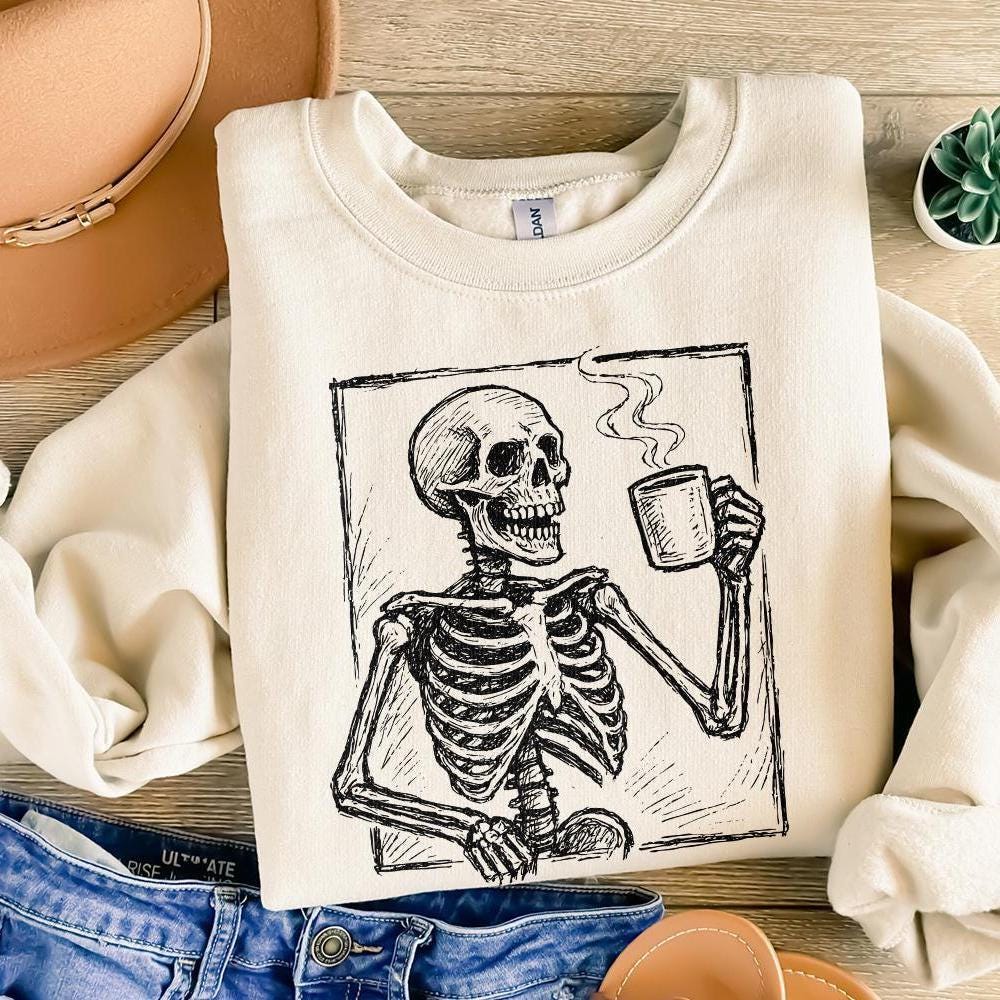 Coffee Skeleton PNG, Skull Drinking Coffee Clipart - 300 DPI Design for