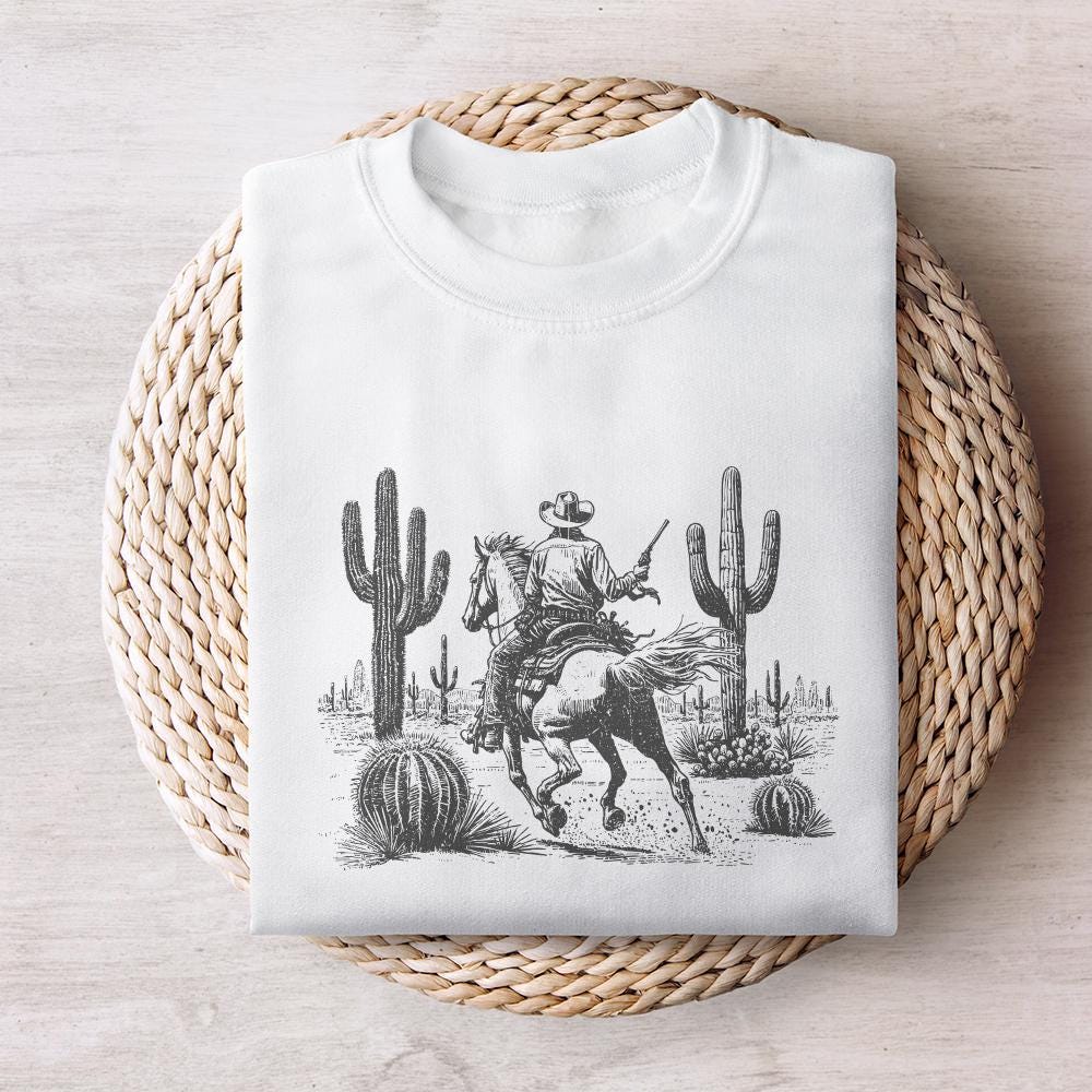Wild West Cowboy PNG, Retro Desert Horseback Riding - 300 DPI Design for