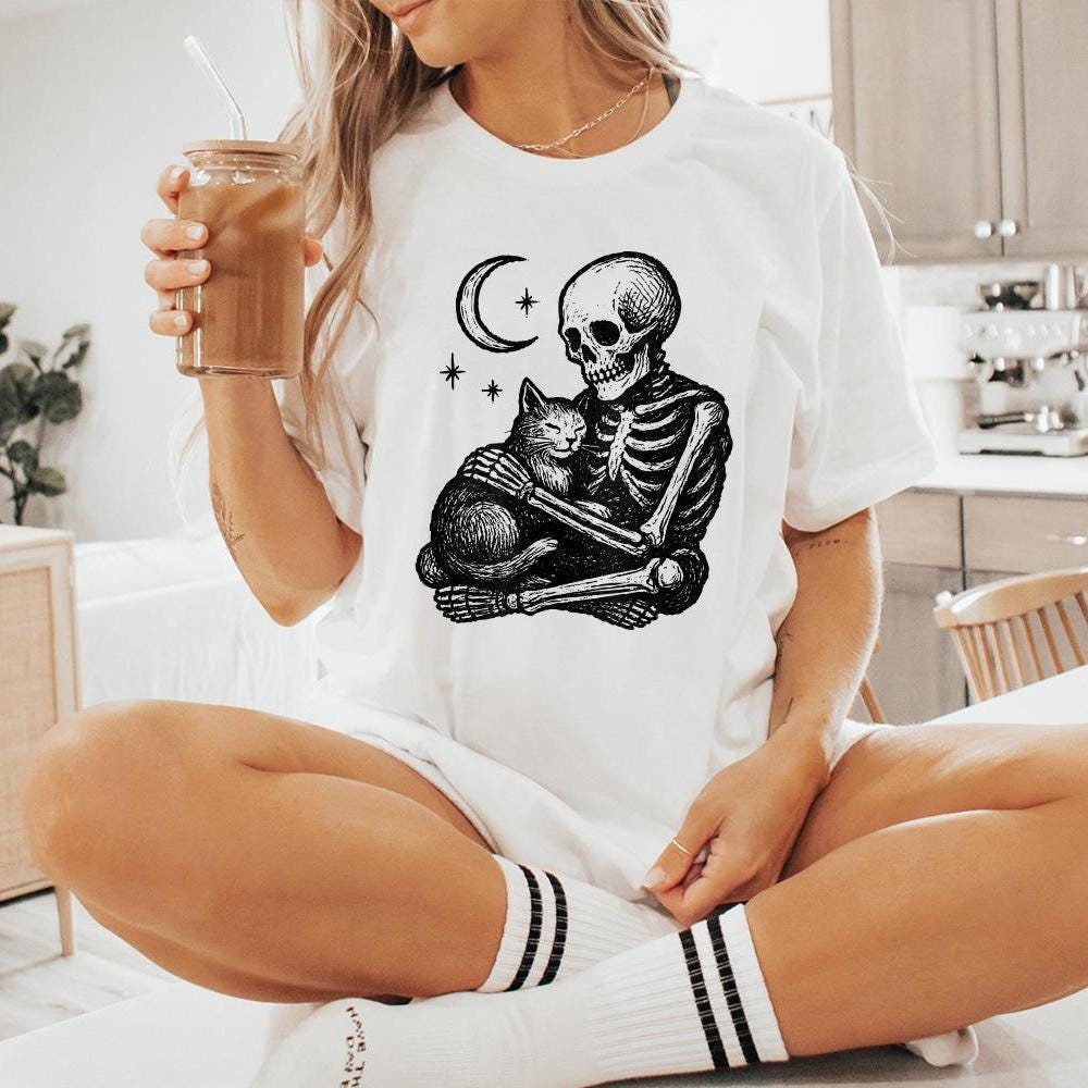 Gothic Skeleton Hugging Cat PNG, Celestial Night Pet Art - 300 DPI Design