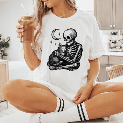 Gothic Skeleton Hugging Cat PNG, Celestial Night Pet Art - 300 DPI Design