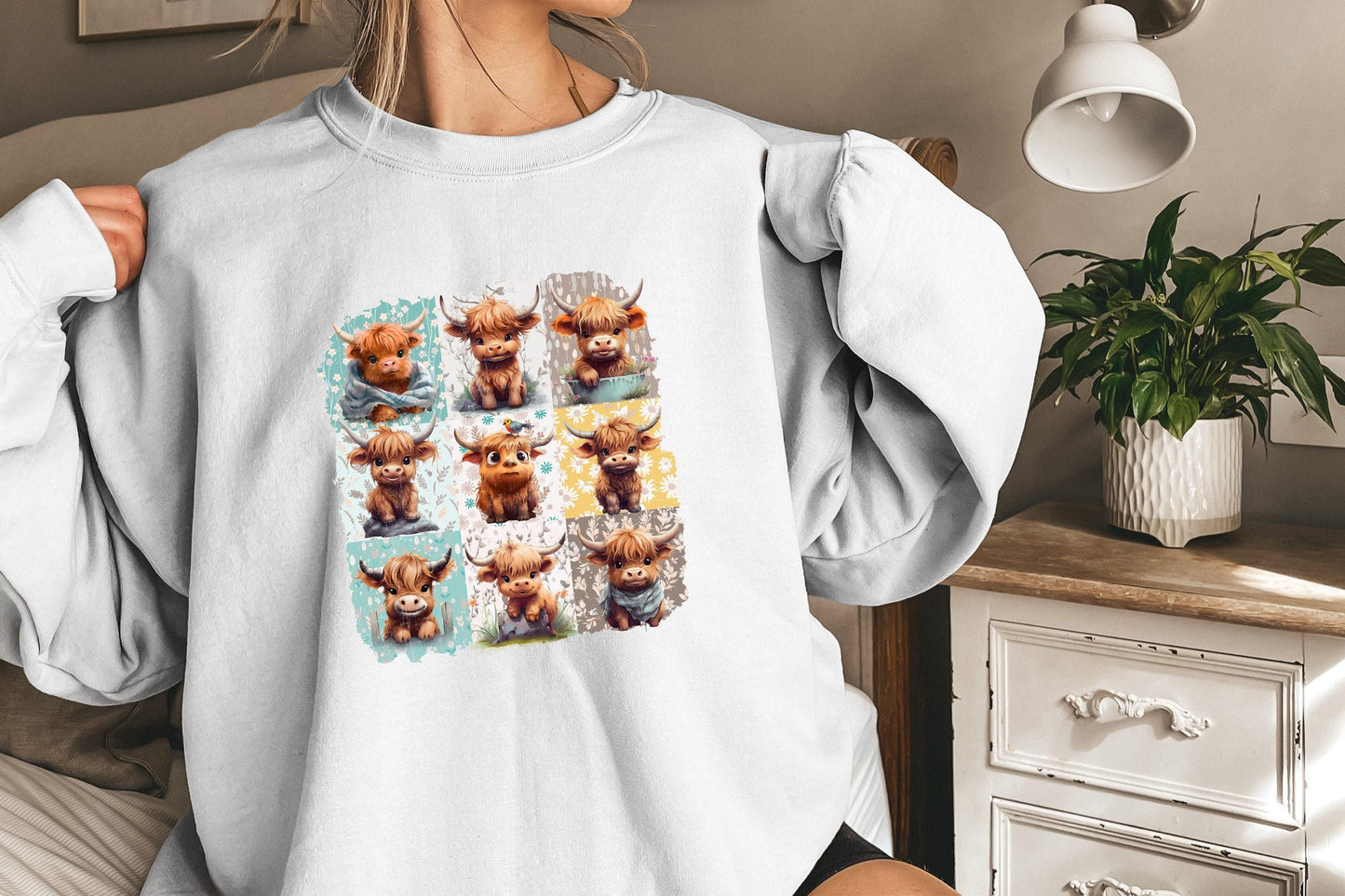 Retro Boho Highland Cow PNG, Floral Sublimation Design - 300 DPI Design