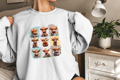 Retro Boho Highland Cow PNG, Floral Sublimation Design - 300 DPI Design