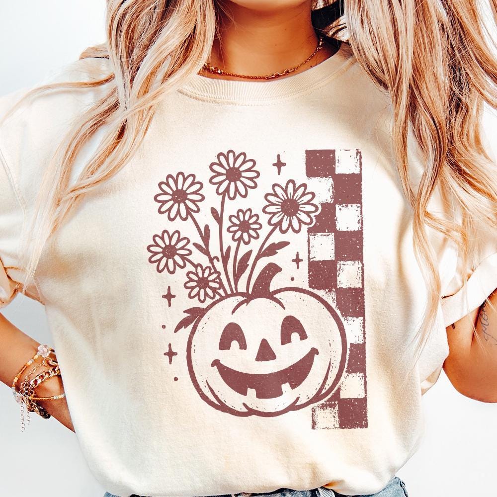 Pumpkin With Flowers PNG, Retro Halloween Digital Download - 300 DPI