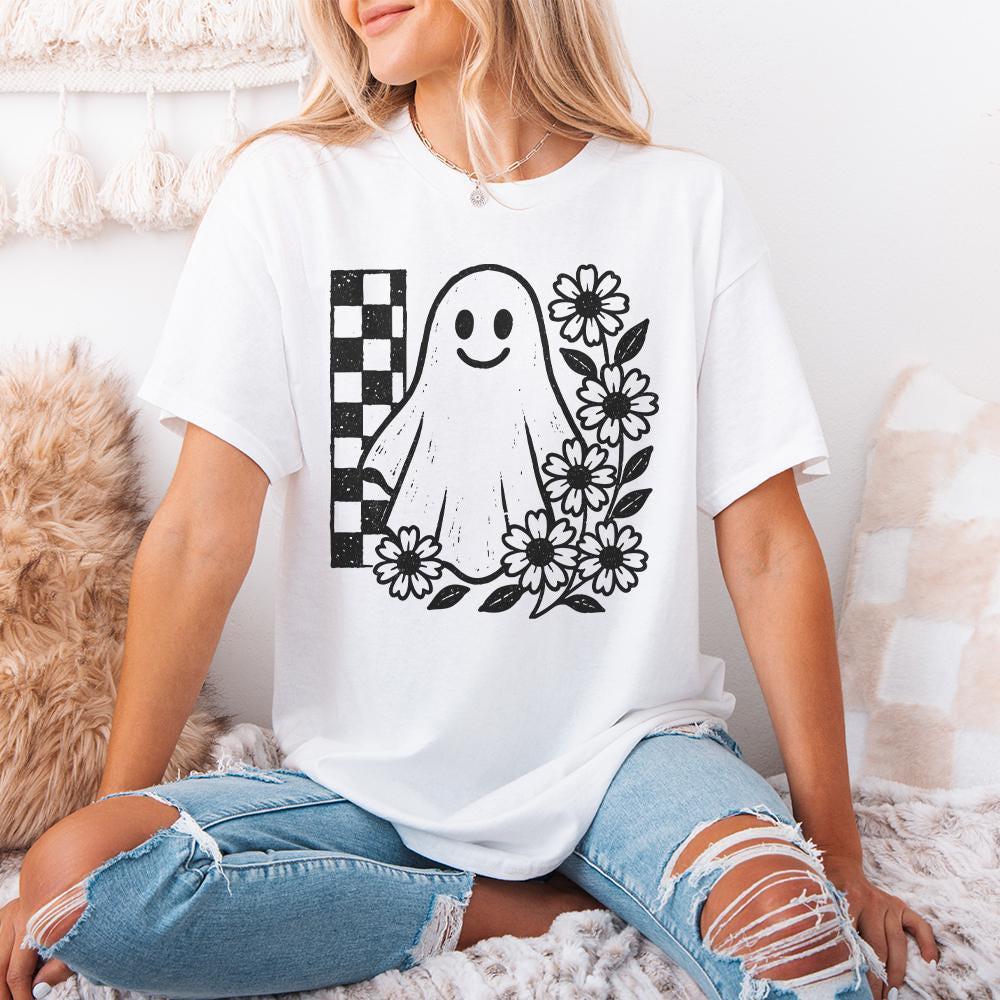 Smiling Ghost PNG, Black And White Floral Ghost Clipart - 300 DPI Design