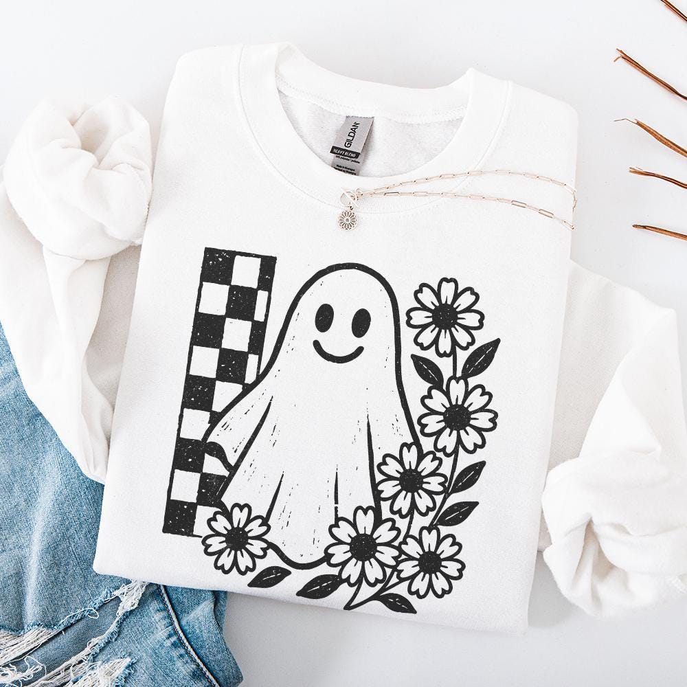 Smiling Ghost PNG, Black And White Floral Ghost Clipart - 300 DPI Design