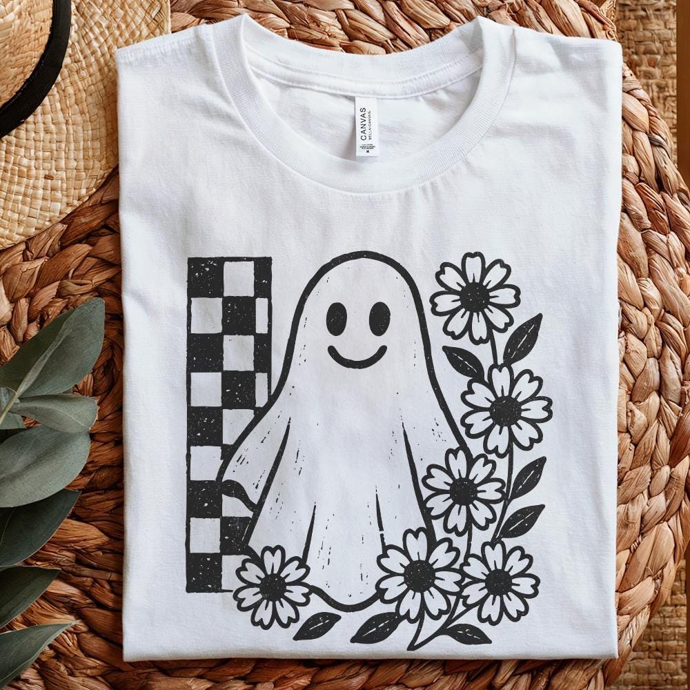 Smiling Ghost PNG, Black And White Floral Ghost Clipart - 300 DPI Design