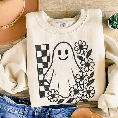 Smiling Ghost PNG, Black And White Floral Ghost Clipart - 300 DPI Design