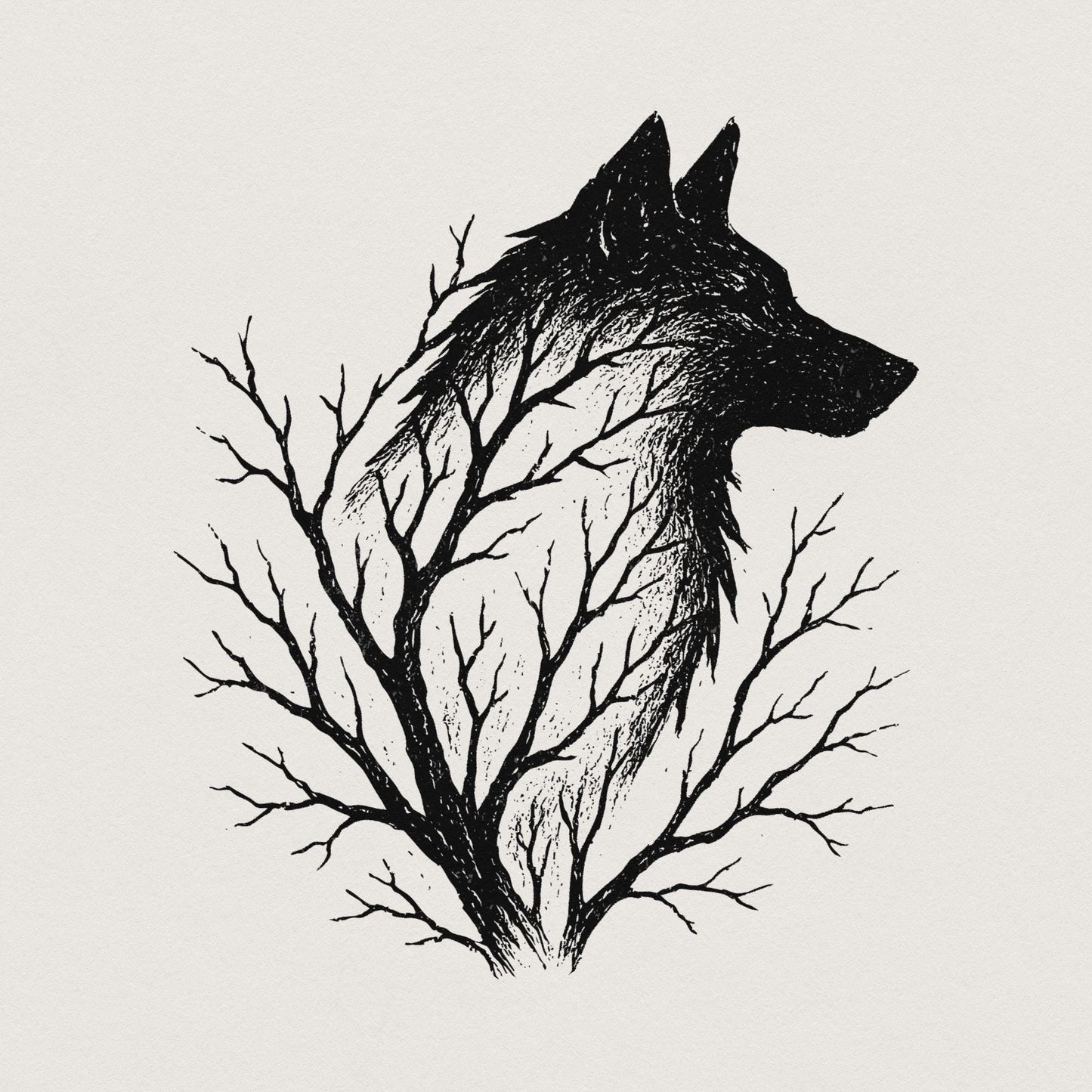 Wolf Silhouette with Tree Branches PNG, Forest Wolf Art PNG - 300 DPI