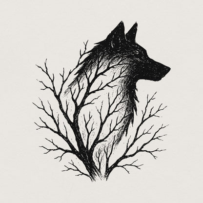 Wolf Silhouette with Tree Branches PNG, Forest Wolf Art PNG - 300 DPI