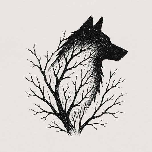 Wolf Silhouette with Tree Branches PNG, Forest Wolf Art PNG - 300 DPI