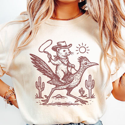 Cowboy Ferret on Roadrunner PNG, Wild West Animal Art Digital Download -