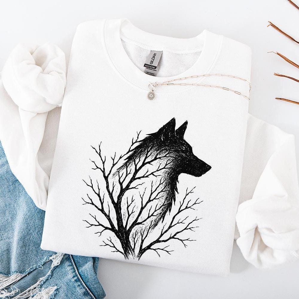 Wolf Silhouette with Tree Branches PNG, Forest Wolf Art PNG - 300 DPI