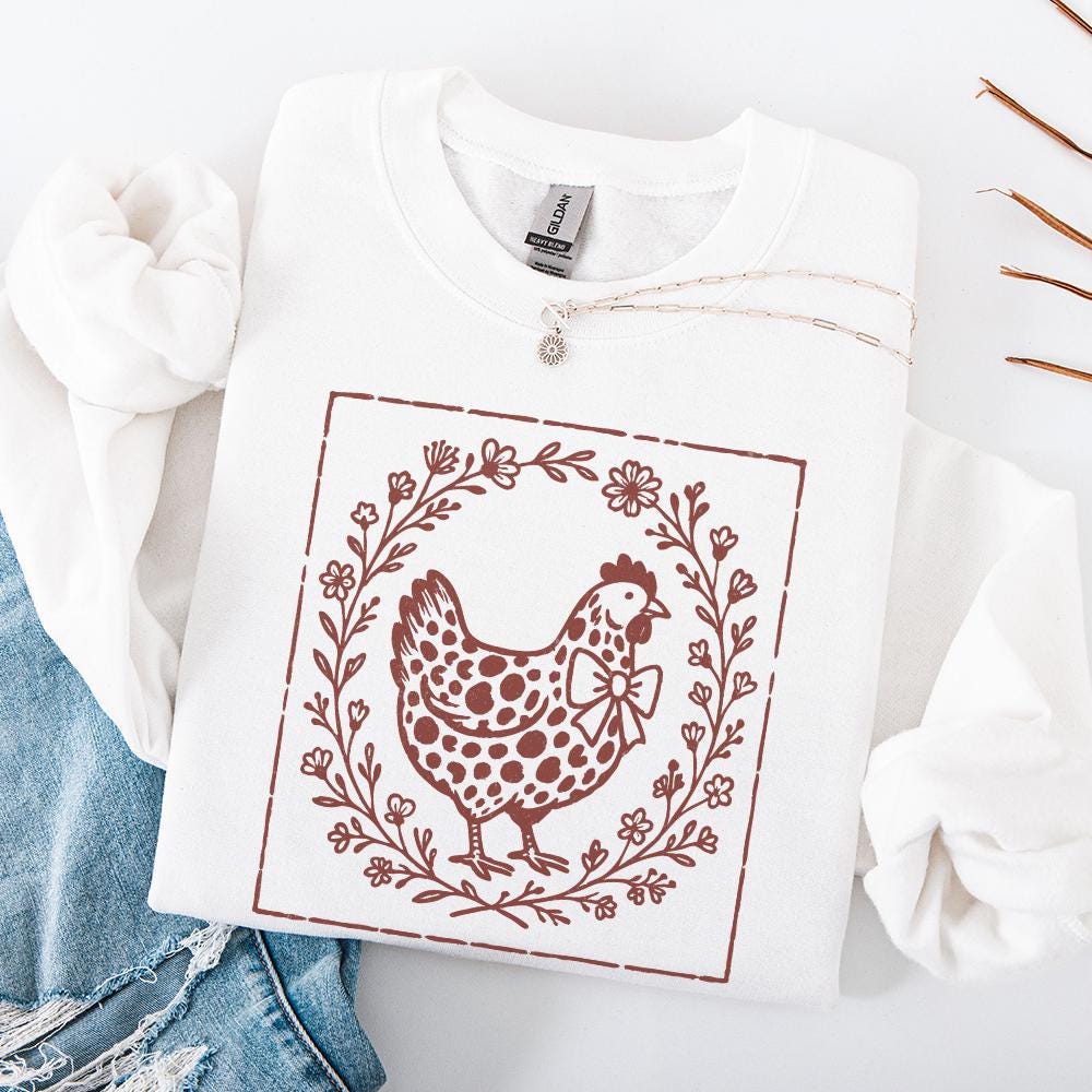 Rustic Chicken PNG, Farmhouse Hen with Bow PNG - 300 DPI Design for T-Shirt