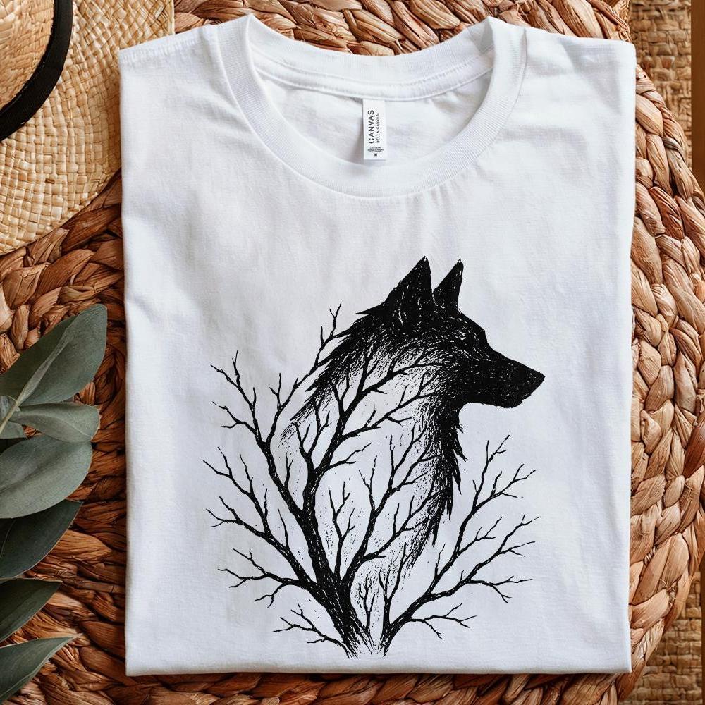 Wolf Silhouette with Tree Branches PNG, Forest Wolf Art PNG - 300 DPI