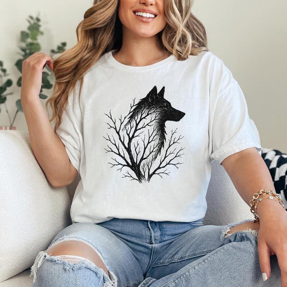 Wolf Silhouette with Tree Branches PNG, Forest Wolf Art PNG - 300 DPI