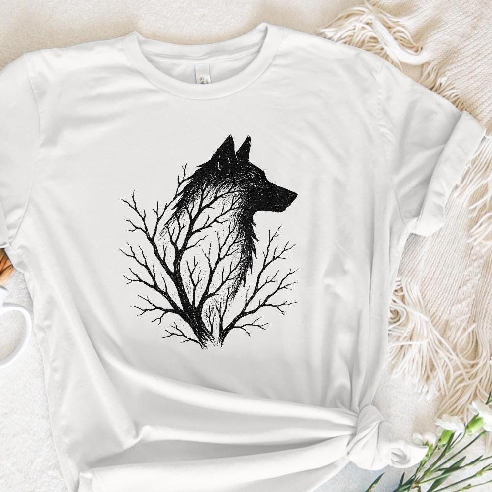 Wolf Silhouette with Tree Branches PNG, Forest Wolf Art PNG - 300 DPI