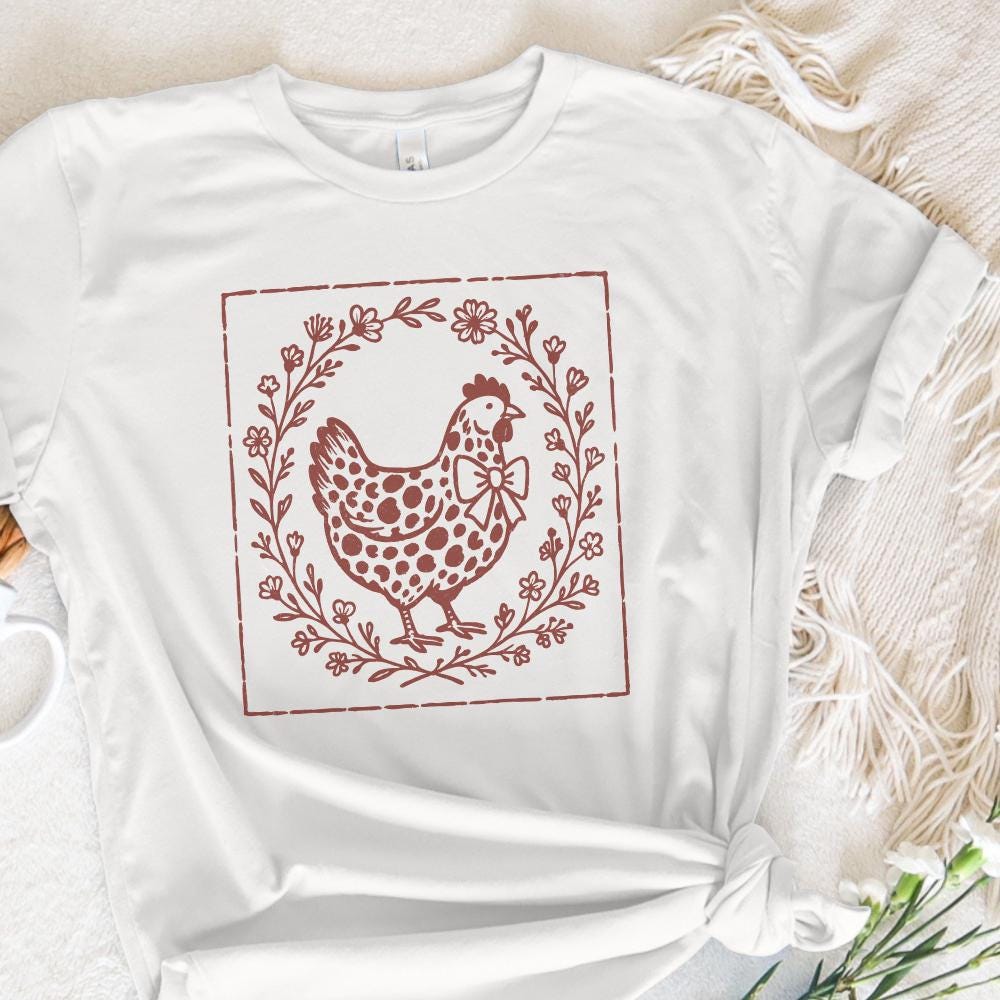 Rustic Chicken PNG, Farmhouse Hen with Bow PNG - 300 DPI Design for T-Shirt