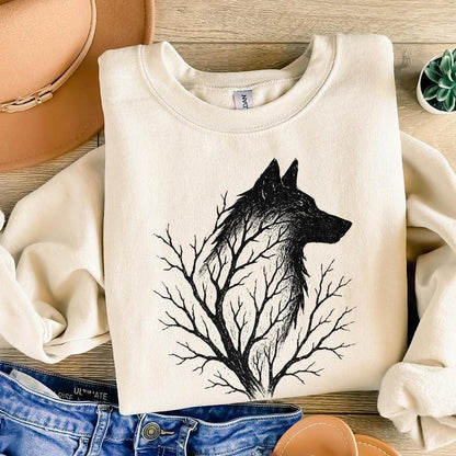 Wolf Silhouette with Tree Branches PNG, Forest Wolf Art PNG - 300 DPI