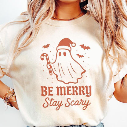 Be Merry Stay Scary PNG, Christmas Ghost Clipart - 300 DPI Design for