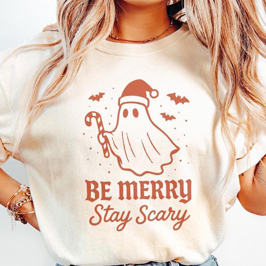 Be Merry Stay Scary PNG, Christmas Ghost Clipart - 300 DPI Design for