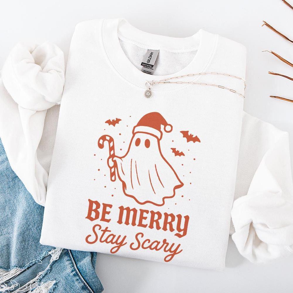 Be Merry Stay Scary PNG, Christmas Ghost Clipart - 300 DPI Design for