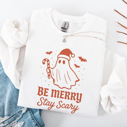 Be Merry Stay Scary PNG, Christmas Ghost Clipart - 300 DPI Design for