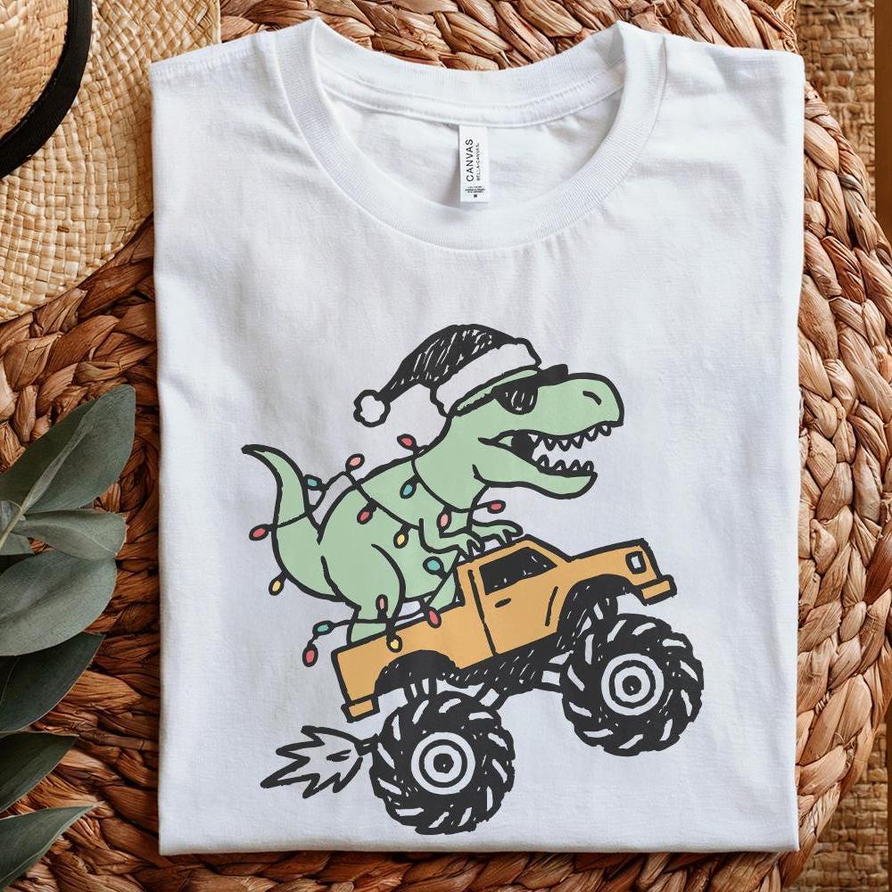 Dinosaur Monster Truck Christmas PNG, Festive T-Rex Digital Download -