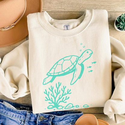 Sea Turtle PNG, Underwater Coral Illustration - 300 DPI Design for T-Shirt