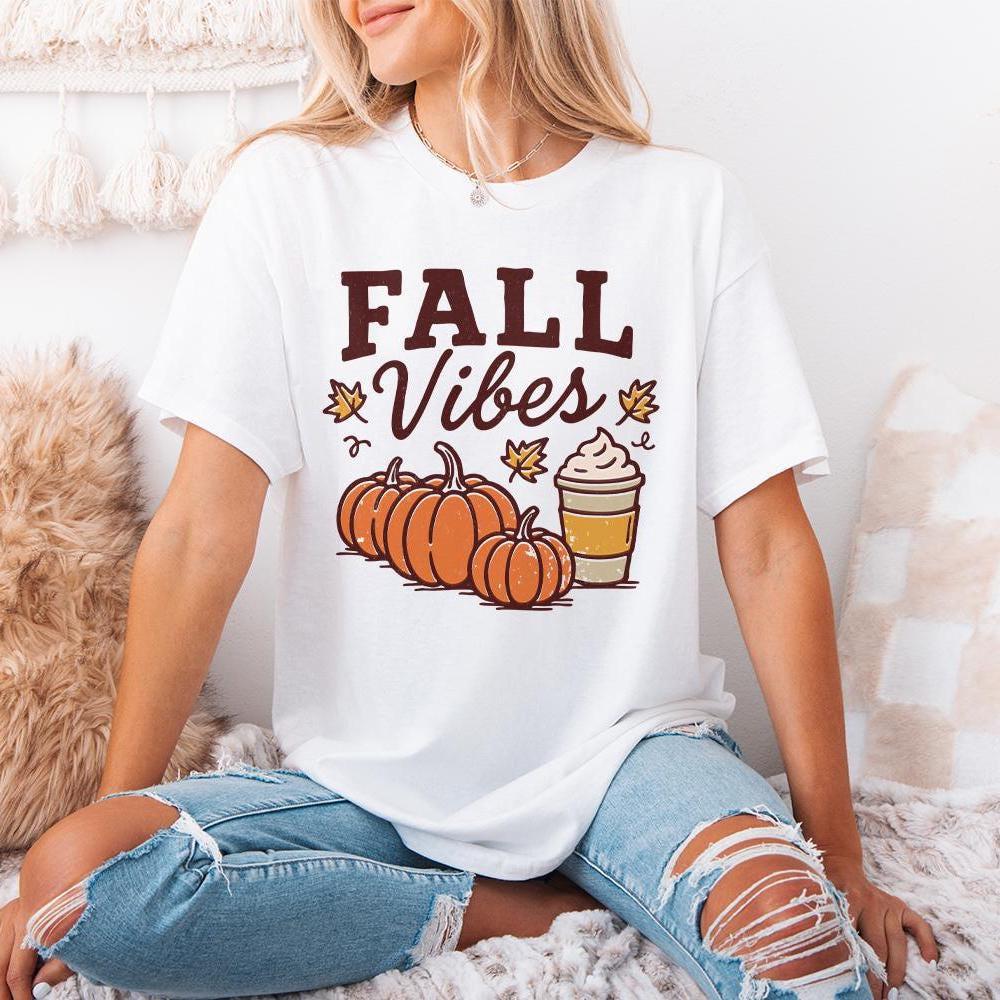 Fall Vibes PNG, Autumn Pumpkins And Coffee Cup - 300 DPI Design for T-Shirt