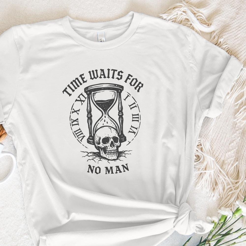 Time Waits For No Man Skull Hourglass PNG, Vintage Gothic PNG File - 300