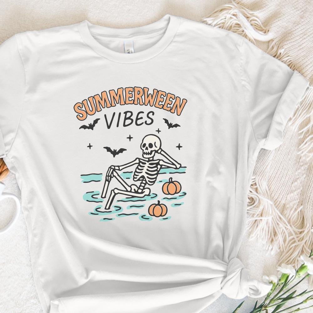 Summerween Vibes PNG, Skeleton Pool Halloween - 300 DPI Design for T-Shirt