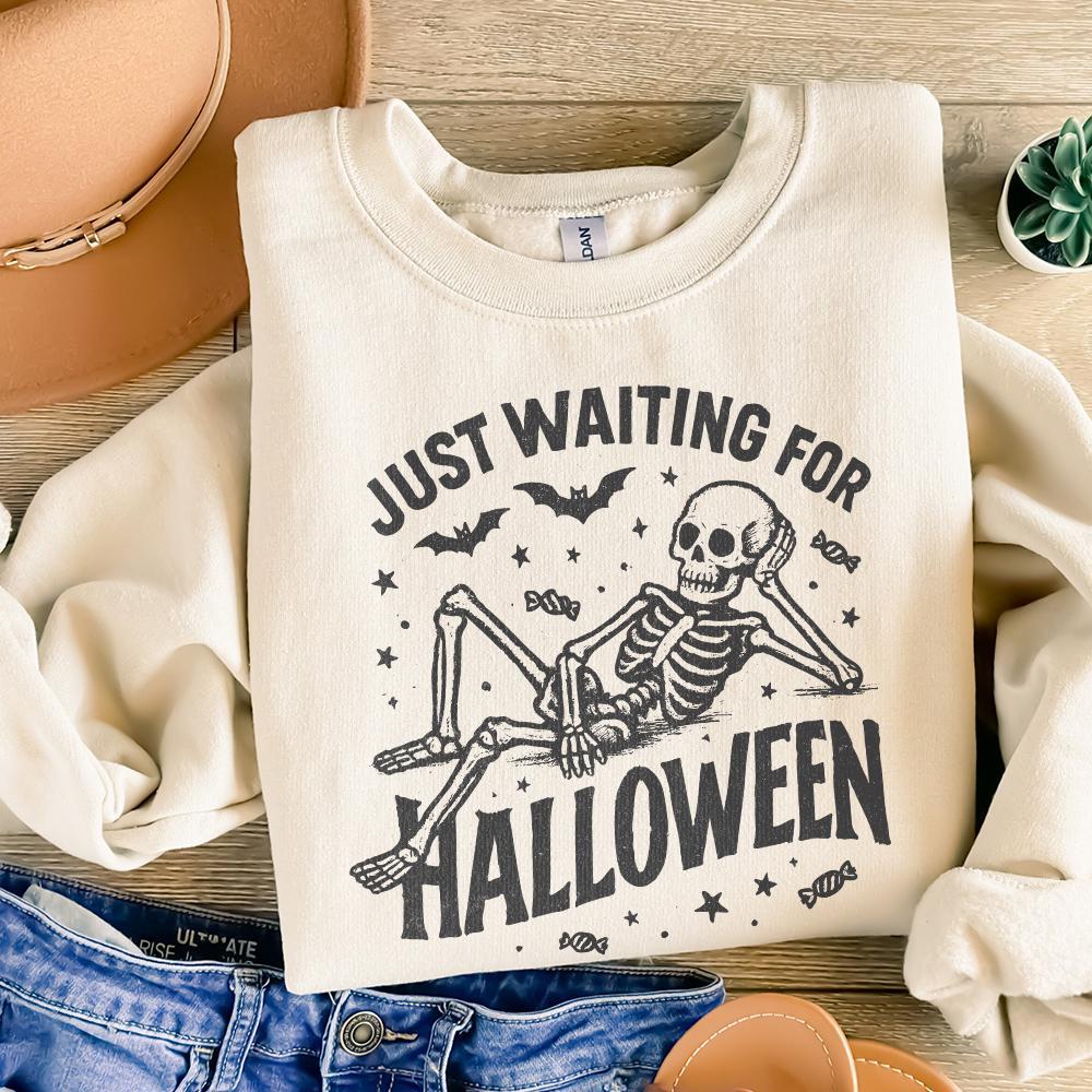 Just Waiting for Halloween PNG, Skeleton Halloween Digital Download - 300