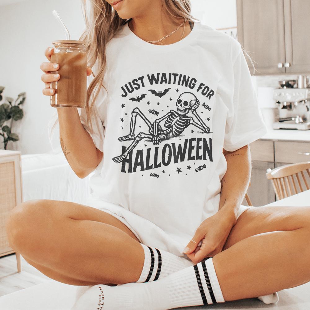 Just Waiting for Halloween PNG, Skeleton Halloween Digital Download - 300
