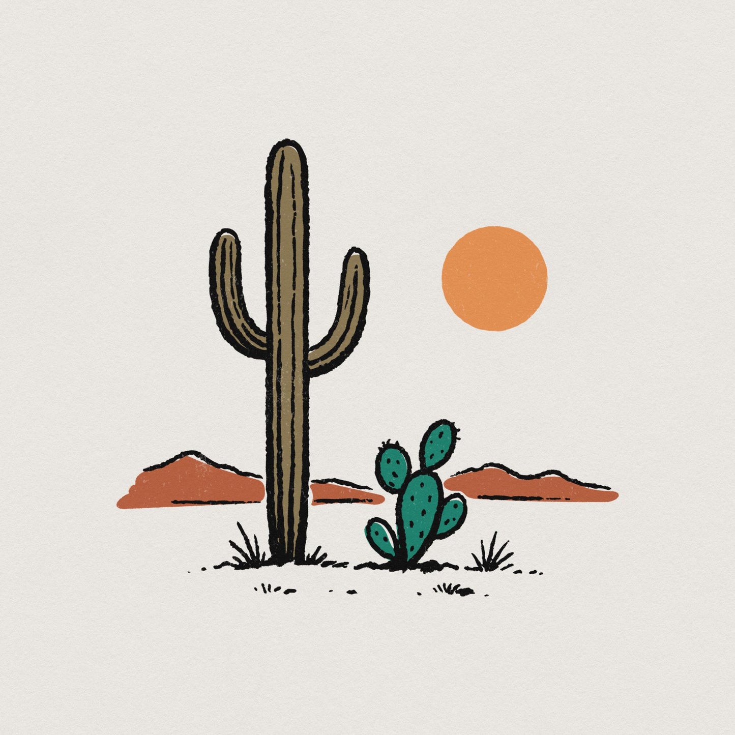 Cactus and Desert Sun PNG, Vintage Southwestern Saguaro Clipart - 300 DPI