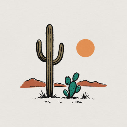 Cactus and Desert Sun PNG, Vintage Southwestern Saguaro Clipart - 300 DPI